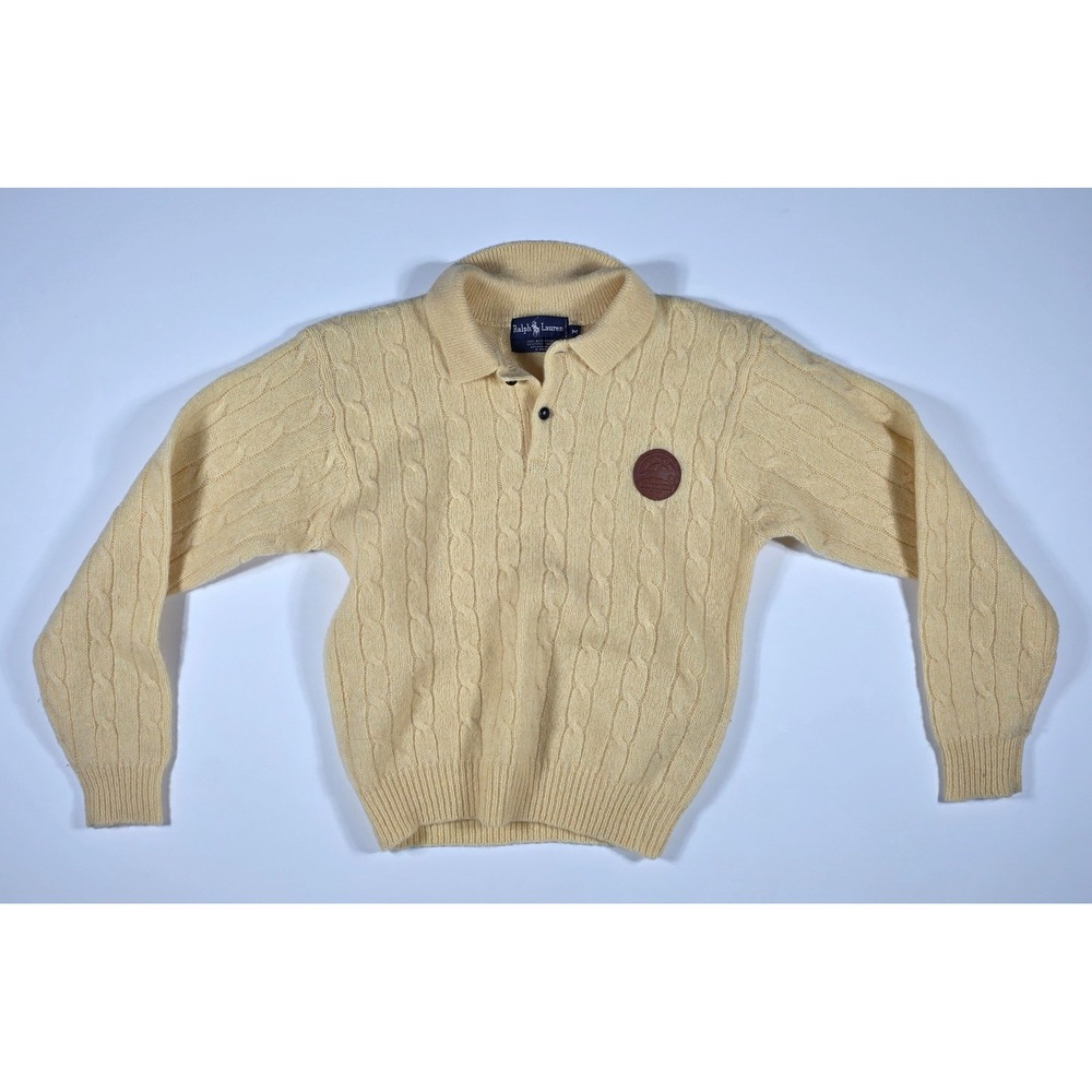 Ralph Lauren Vintage Yellow Wool Cable Knit Polo Sweater Equestrian Patch Mens M